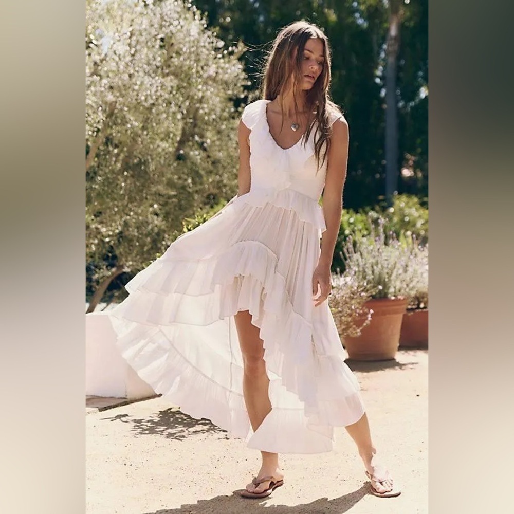 Free People Sunsational Midi Elegant White Ruffled Dress Large Nwt